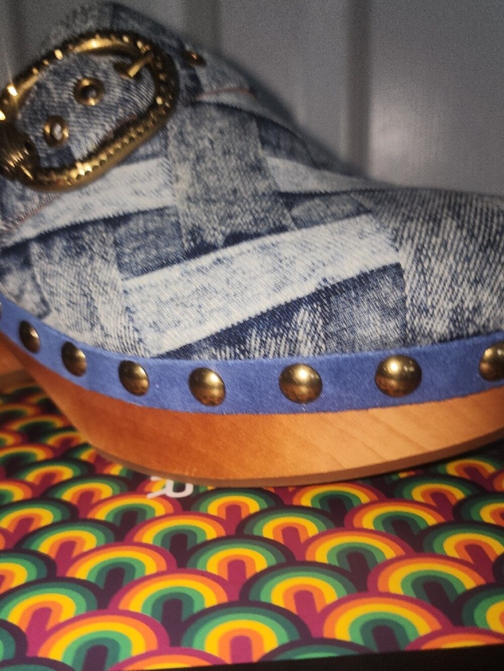 Kurt Geiger Denim-Patterned Clog with Gold Buckle - Picture 5 of 9